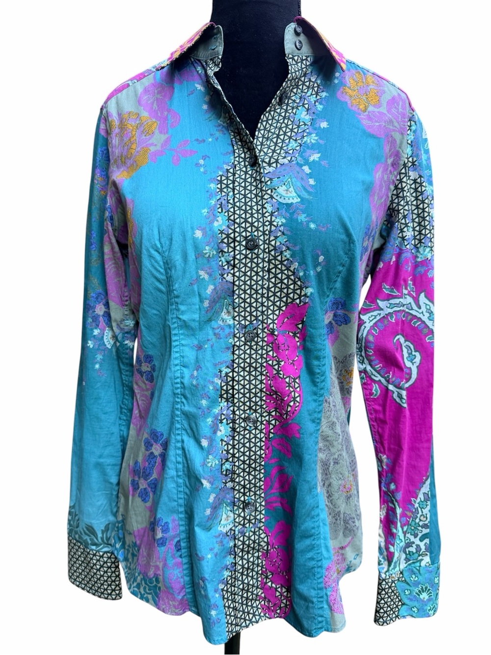 ETRO Italy Floral Button-Down Blouse Shirt Blue & Purple Women’s Size Small
